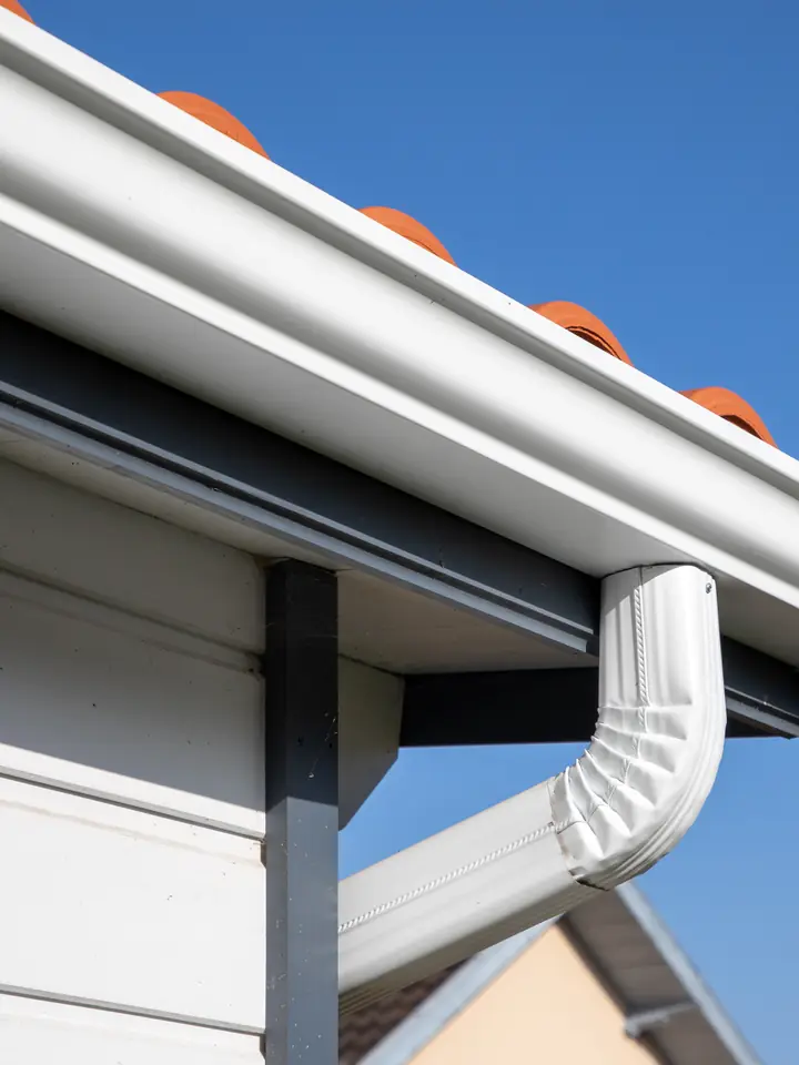 White gutter, downpipe and soffit against a blue sky