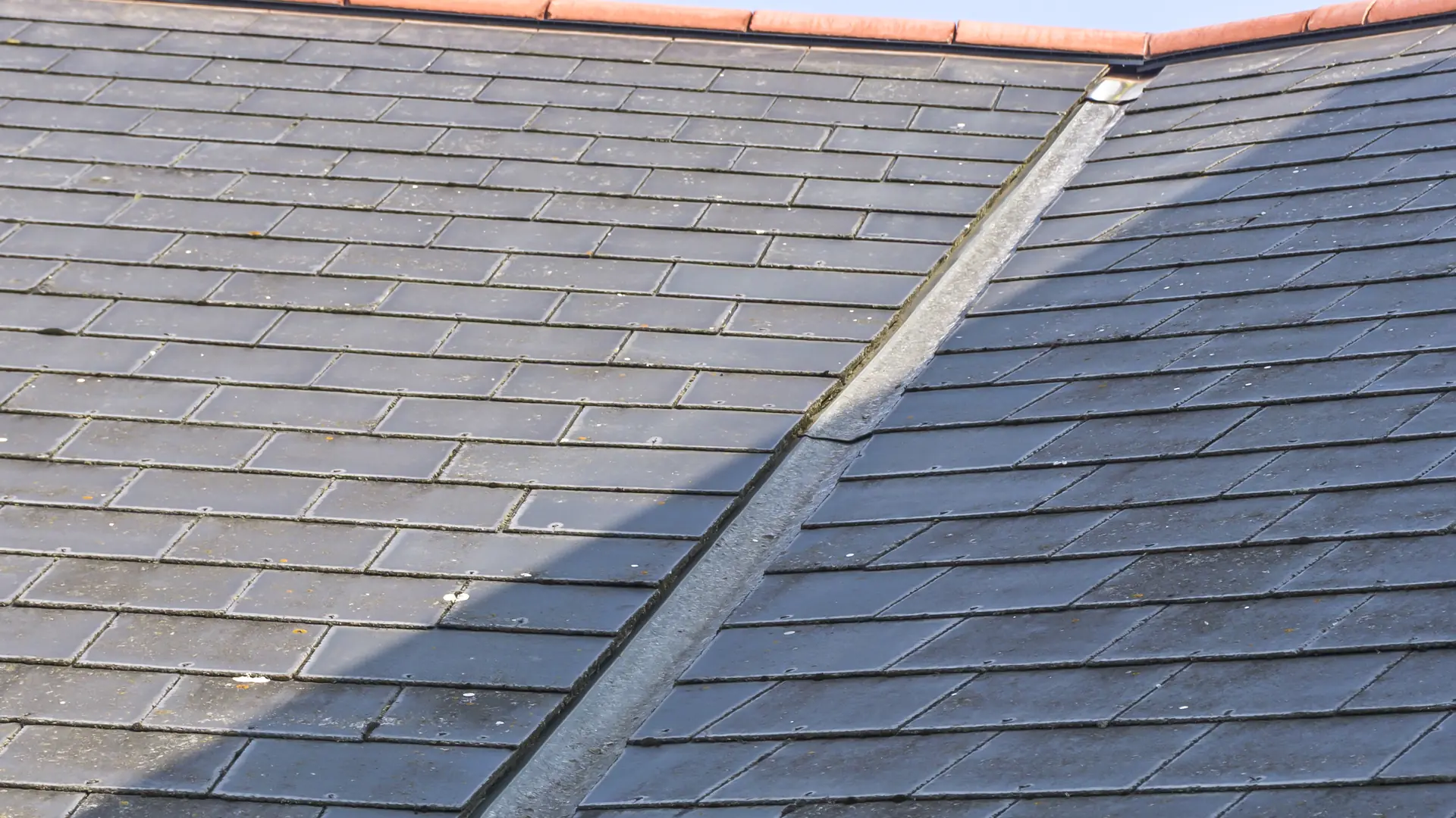 Slate roof meeting at a valley